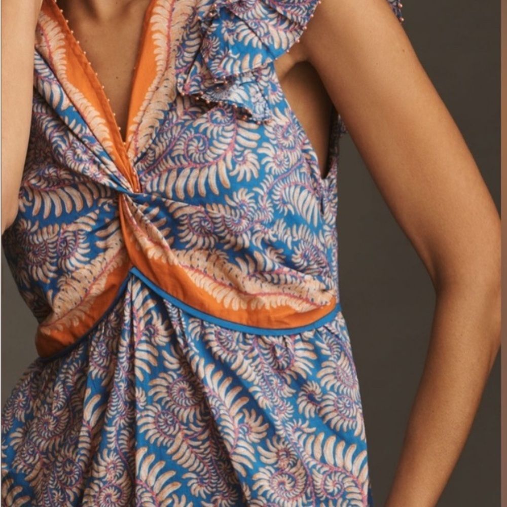 FARM Rio for Anthropologie NWT Flutter Sleeve Top Blouse in Blue Flora Size XS - Picture 4 of 7